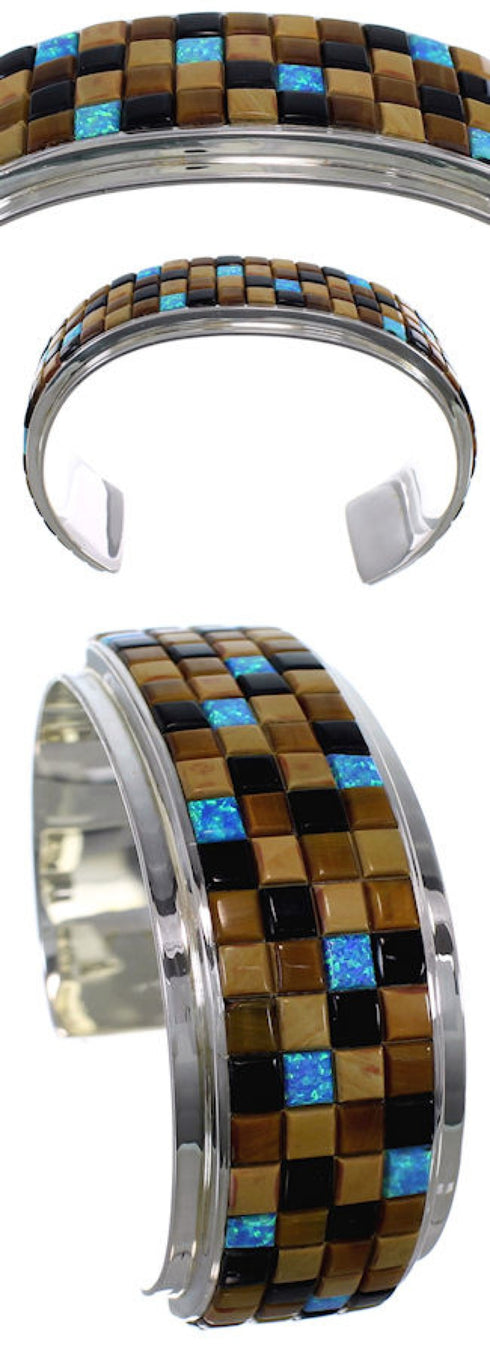 Multicolor Inlay Sterling Silver Cuff Jewelry Bracelet VX37718