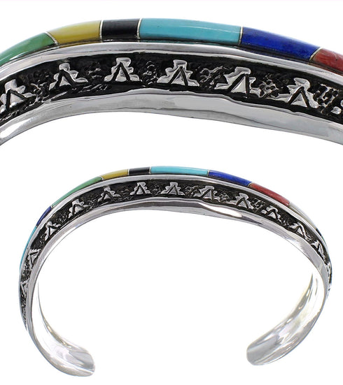 Southwest Sterling Silver Multicolor Inlay Cuff Bracelet TX39429