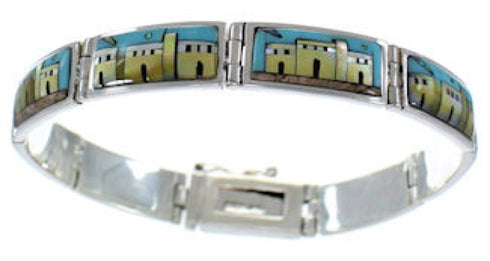 Multicolor Silver Native American Village Design Link Bracelet GS62410