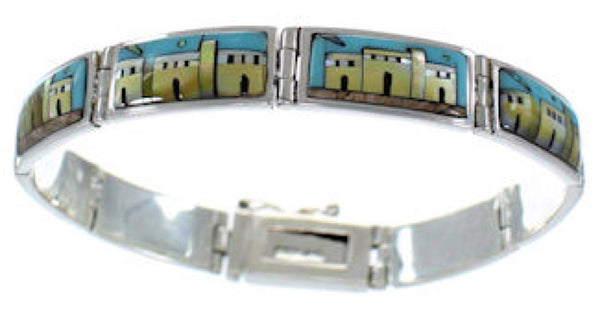 Multicolor Silver Native American Village Design Link Bracelet GS62410