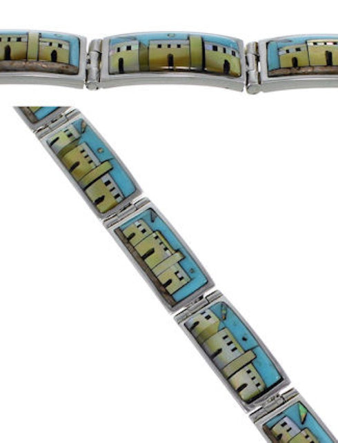 Multicolor Silver Native American Village Design Link Bracelet GS62410