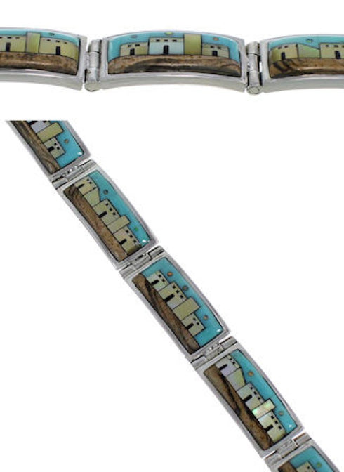 Sterling Silver Native American Village Design Link Bracelet GS62418