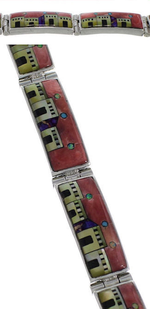 Silver Multicolor Native American Village Design Link Bracelet GS62427