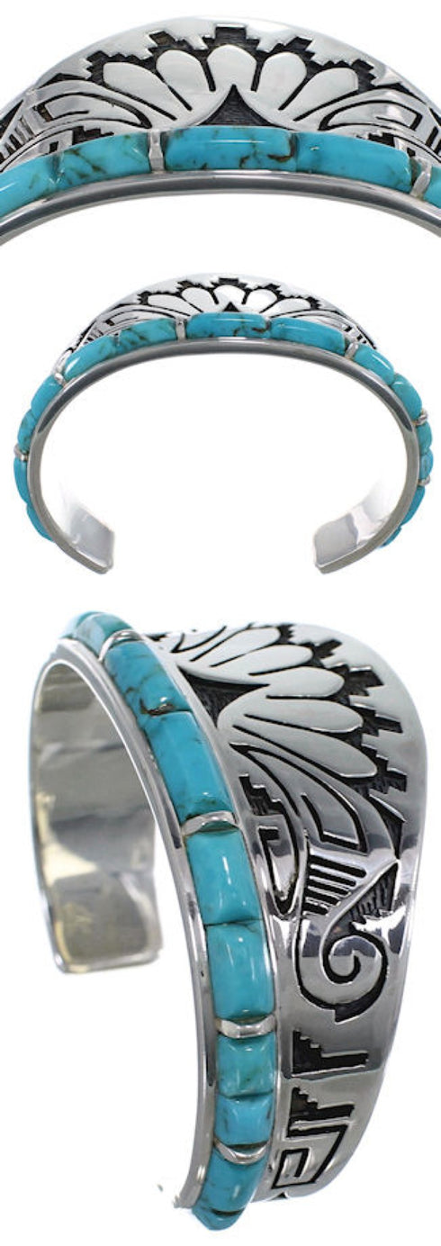 Southwest Turquoise Inlay Water Wave Silver Cuff Bracelet MX27276