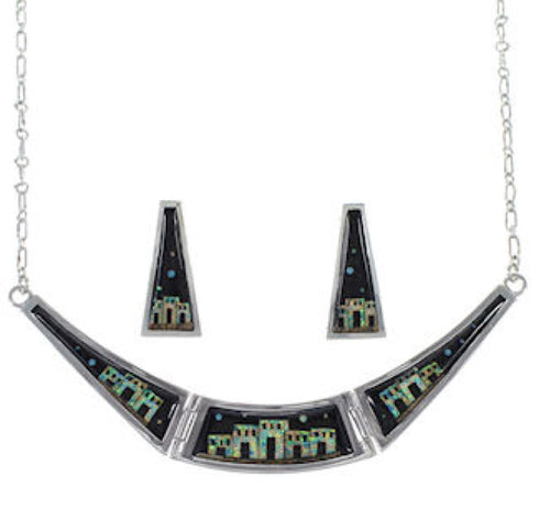 Silver Native American Village Design Multicolor Necklace Set GS62287