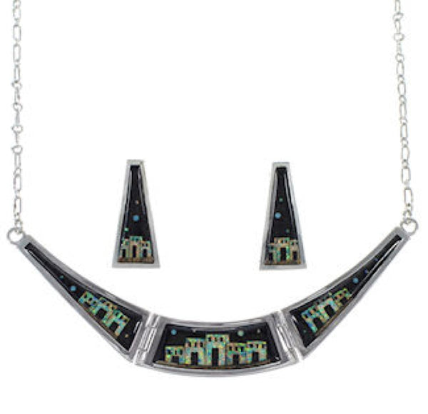 Silver Native American Village Design Multicolor Necklace Set GS62287