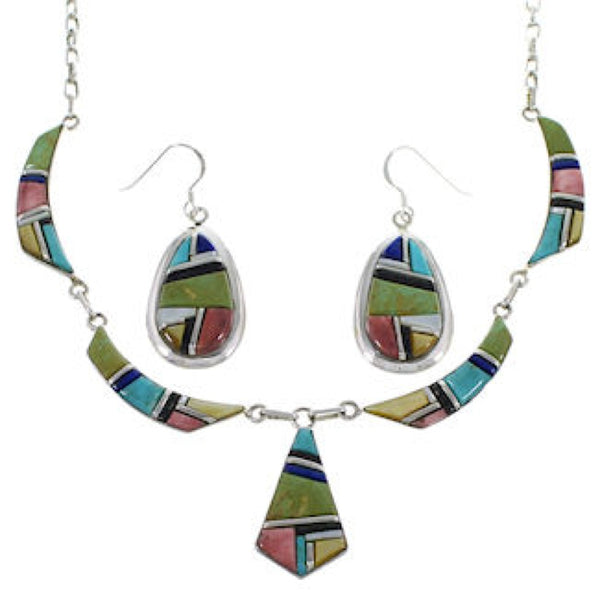 Southwest Multicolor Earrings And Link Necklace Set GS75439