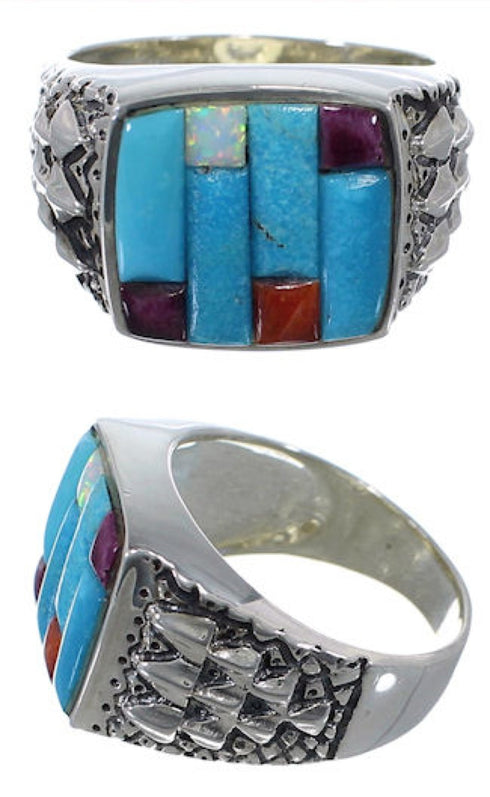 Sterling Silver Turquoise Multicolor Inlay Ring Size 11-1/4 HS29586
