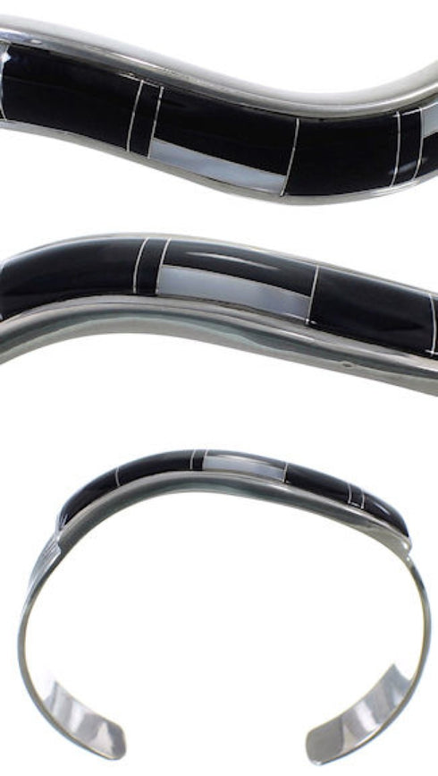 Mother Of Pearl Black Inlay Sterling Silver Bracelet Jewelry AS39717