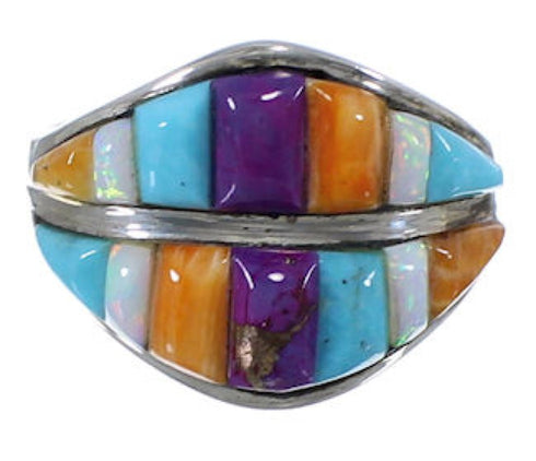 Sterling Silver Turquoise Multicolor Inlay Ring Size 7-1/2 RS35726