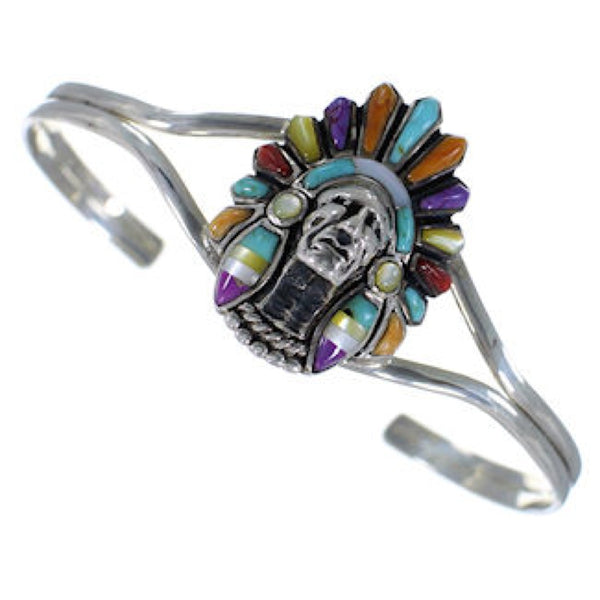Multicolor Inlay And Sterling Silver Chief Head Bracelet BW70166