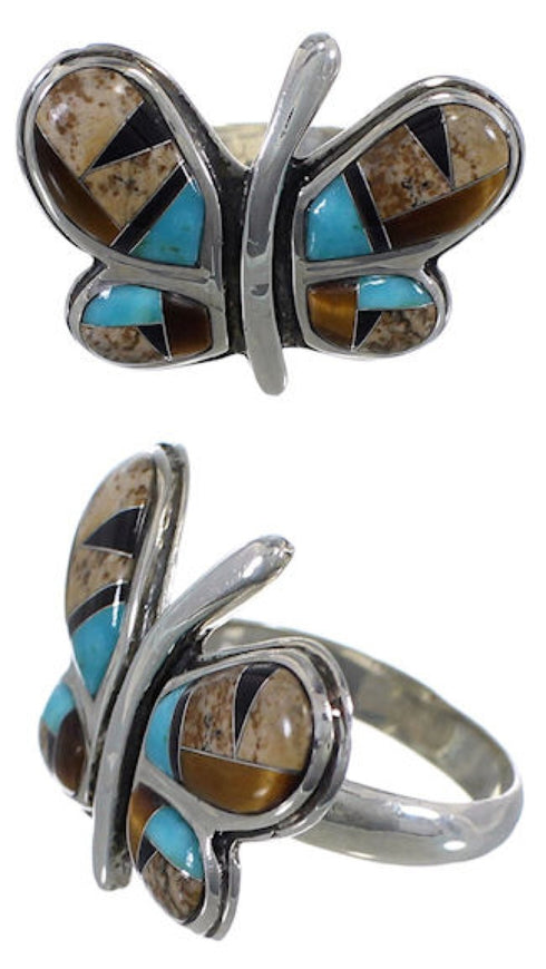Silver Butterfly Multicolor Tiger Eye Jewelry Ring Size 8-1/2 AW72599