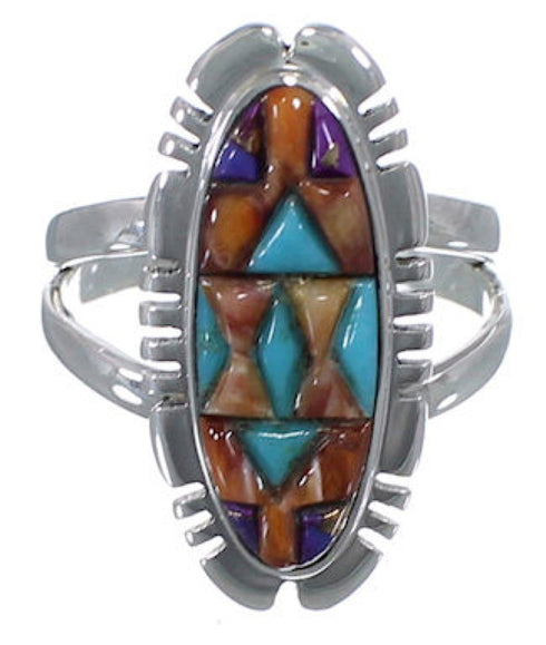 Multicolor Sterling Silver Inlay Ring Size 7-3/4 TX38162