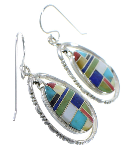 Southwestern Silver Multicolor Inlay Hook Dangle Earrings AX49162
