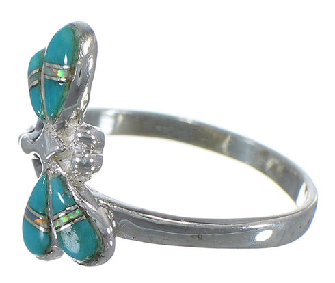 Turquoise Opal Inlay Dragonfly Silver Ring Size 8-1/4 EX44629