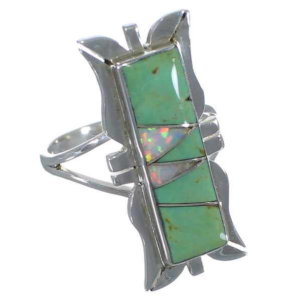 Turquoise And Opal Inlay Silver Ring Size 6 AX53638