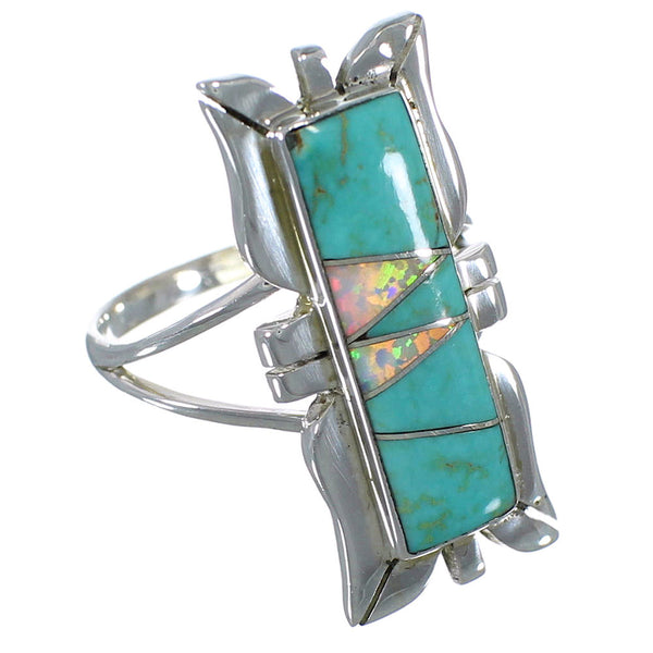 Southwest Opal And Turquoise Inlay Genuine Sterling Silver Ring Size 8 AX53842