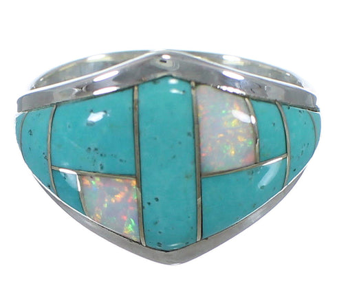 Southwest Opal And Turquoise Inlay Silver Jewelry Ring Size 7-3/4 AX52412