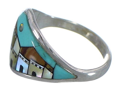 Multicolor Native American Pueblo Design Silver Ring Size 5-1/2 AX52543