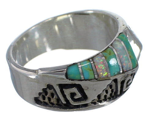 Turquoise Opal Inlay Sterling Silver Water Wave Ring Size 7-3/4 EX56572