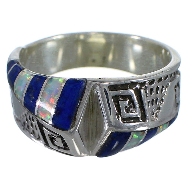 Lapis Opal Inlay Water Wave Silver Ring Size 7-3/4 EX56607