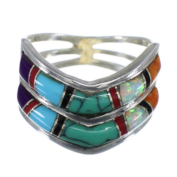 Southwest Sterling Silver And Multicolor Inlay Ring Size 5-3/4 AS52118