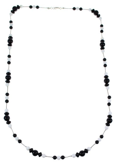 Onyx And White Agate Liquid Silver Bead Necklace EX49712