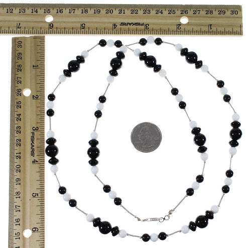 Onyx And White Agate Liquid Silver Bead Necklace EX49712