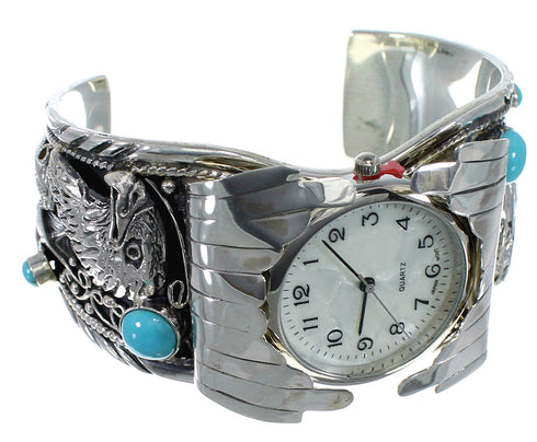 Southwest Eagle Turquoise Authentic Sterling Silver Cuff Watch CX48238