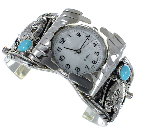 Turquoise And Coral Southwest Eagle Sterling Silver Cuff Watch CX48264