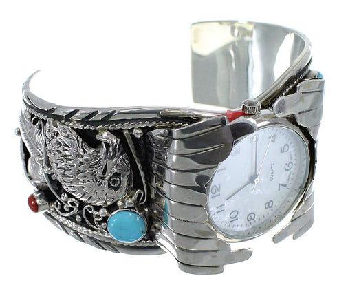 Turquoise And Coral Southwest Eagle Sterling Silver Cuff Watch CX48264