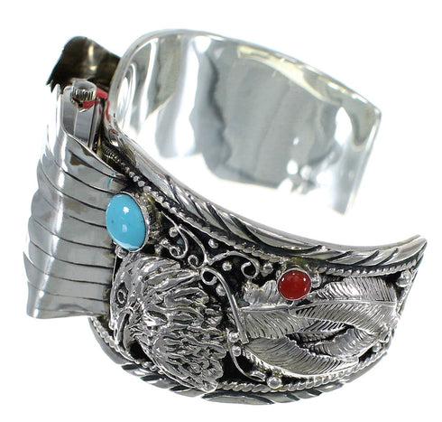 Turquoise And Coral Southwest Eagle Sterling Silver Cuff Watch CX48264