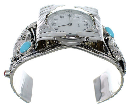 Turquoise And Coral Southwest Eagle Sterling Silver Cuff Watch CX48264