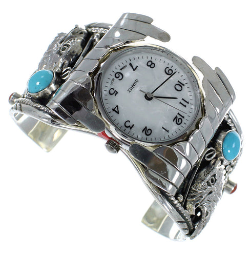 Turquoise And Coral Southwest Sterling Silver Eagle Cuff Watch CX48265