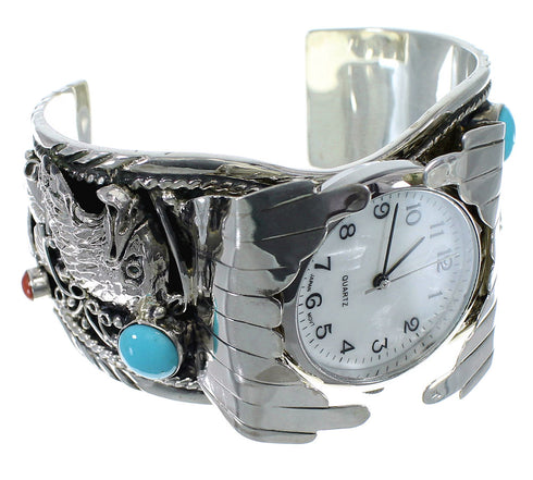 Turquoise And Coral Southwest Sterling Silver Eagle Cuff Watch CX48265