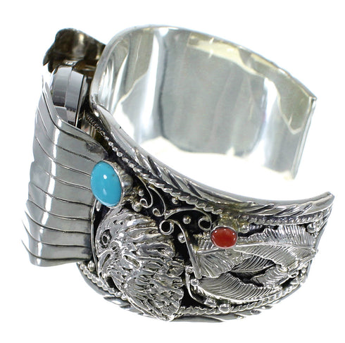 Turquoise And Coral Southwest Sterling Silver Eagle Cuff Watch CX48265