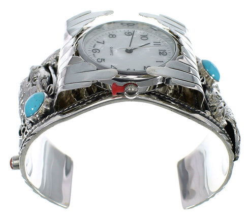 Turquoise And Coral Southwest Sterling Silver Eagle Cuff Watch CX48265