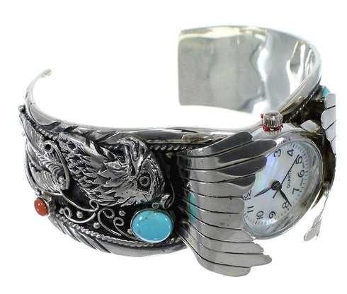 Sterling Silver Eagle Southwest Turquoise And Coral Cuff Watch CX48278