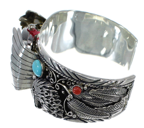 Sterling Silver Eagle Southwest Turquoise And Coral Cuff Watch CX48278