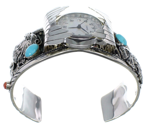 Sterling Silver Eagle Southwest Turquoise And Coral Cuff Watch CX48278