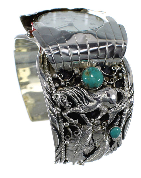 Southwest Sterling Silver Horse Turquoise Cuff Watch CX48656