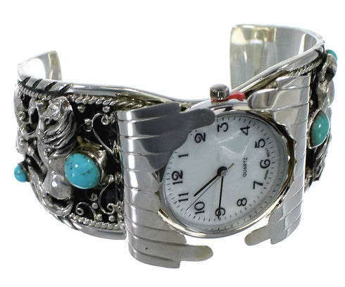 Southwest Sterling Silver Turquoise Horse Cuff Watch CX48658