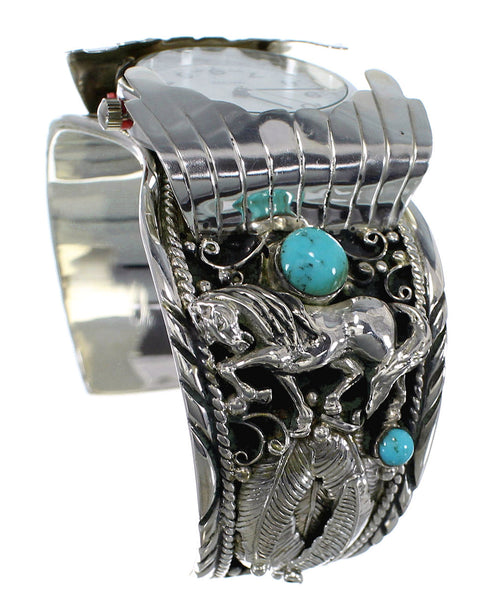 Southwest Sterling Silver Turquoise Horse Cuff Watch CX48658