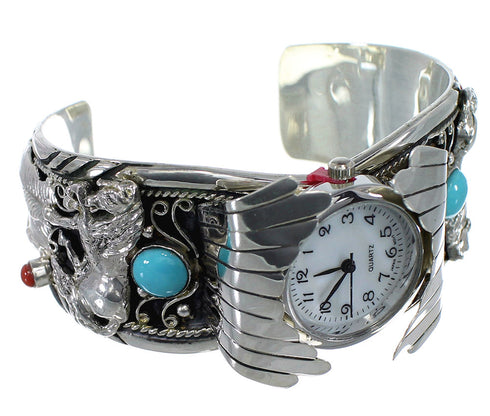Turquoise And Coral Horse Sterling Silver Southwest Cuff Watch CX48701