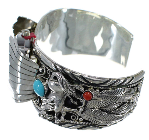 Turquoise And Coral Horse Sterling Silver Southwest Cuff Watch CX48701