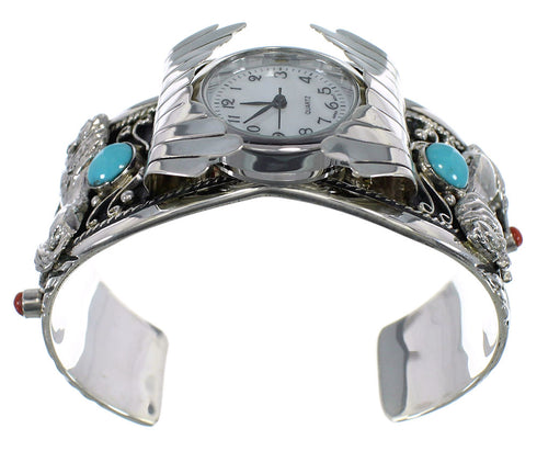 Turquoise And Coral Horse Sterling Silver Southwest Cuff Watch CX48701
