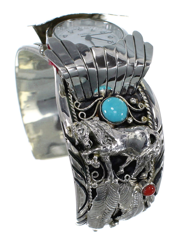 Turquoise And Coral Sterling Silver Horse Southwest Cuff Watch CX48702
