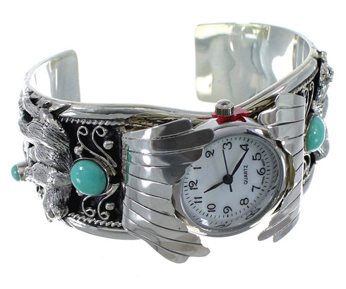 Southwest Turquoise Genuine Sterling Silver Bear Cuff Watch CX48715