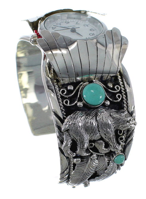 Southwest Turquoise Genuine Sterling Silver Bear Cuff Watch CX48715