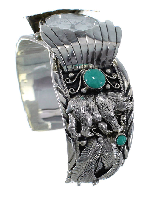 Turquoise Southwest Genuine Sterling Silver Bear Cuff Watch CX48728